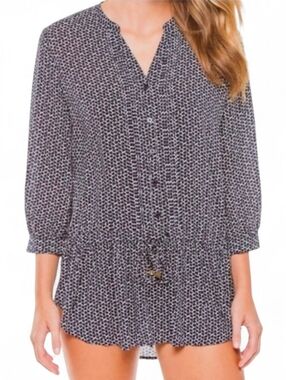 TORY BURCH Navy Geometric Button Down Tunic Blouse - XS